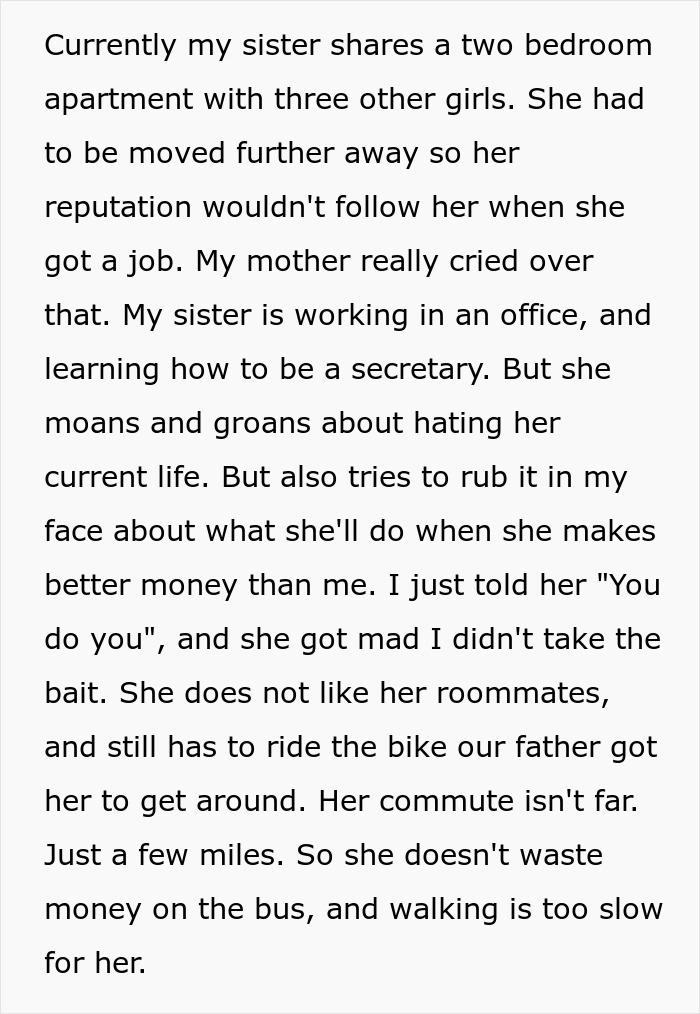 Text image describing a disagreement between siblings over commuting and living arrangements, involving a bike. Text image describing a disagreement between siblings over commuting and living arrangements, involving a bike.