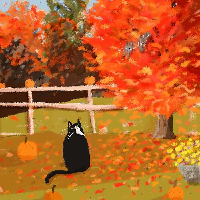 Cozy illustration of a cat under vibrant autumn trees with pumpkins, perfect for cat lovers.