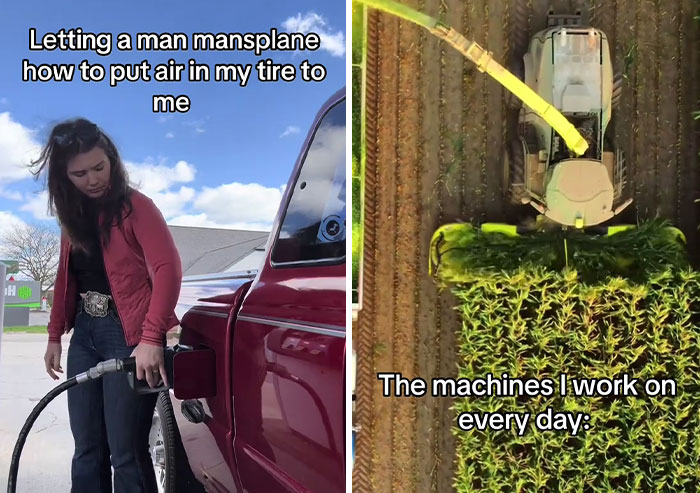 Woman humorously listening to a man mansplain tire inflation, juxtaposed with her operating large farming machinery.
