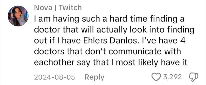Comment discussing difficulty in getting Ehlers Danlos diagnosis and doctors lacking communication, with viral response. Comment discussing difficulty in getting Ehlers Danlos diagnosis and doctors lacking communication, with viral response.