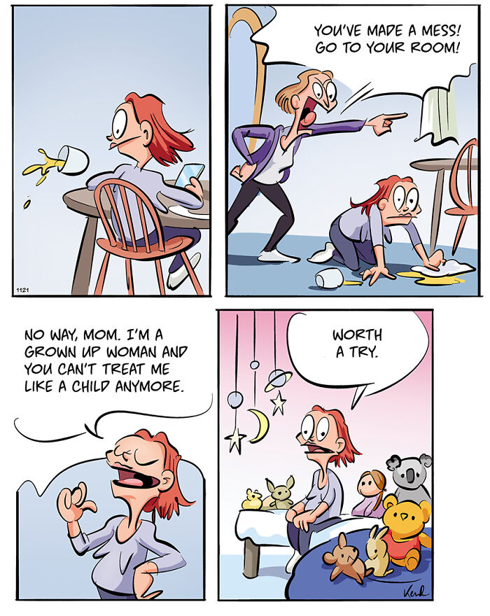 Cartoon of Kenneth and friends having a humorous conversation about a GPS tracker with tea on the table.