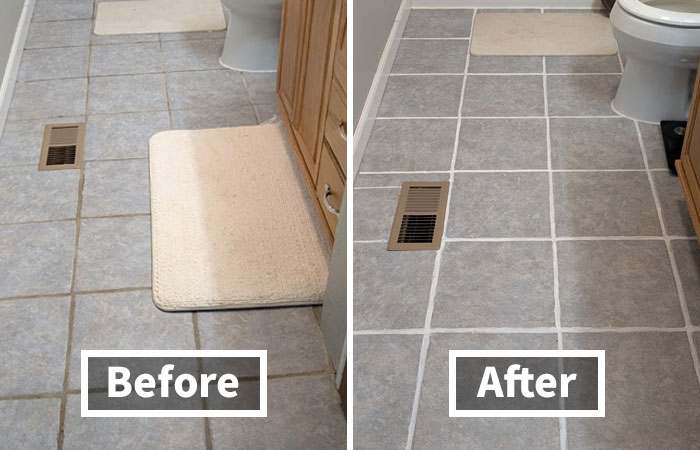 Modernized apartment bathroom with updated tile grout, before and after comparison.