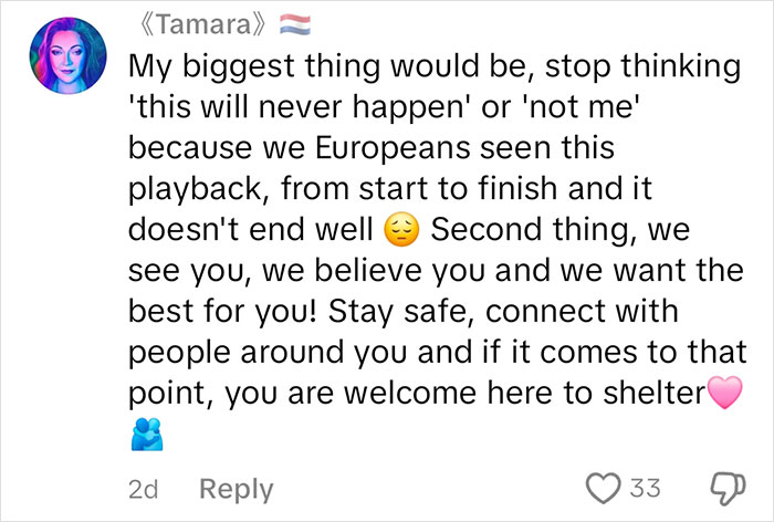 Comment from a European perspective giving advice on current affairs, highlighting empathy and support.