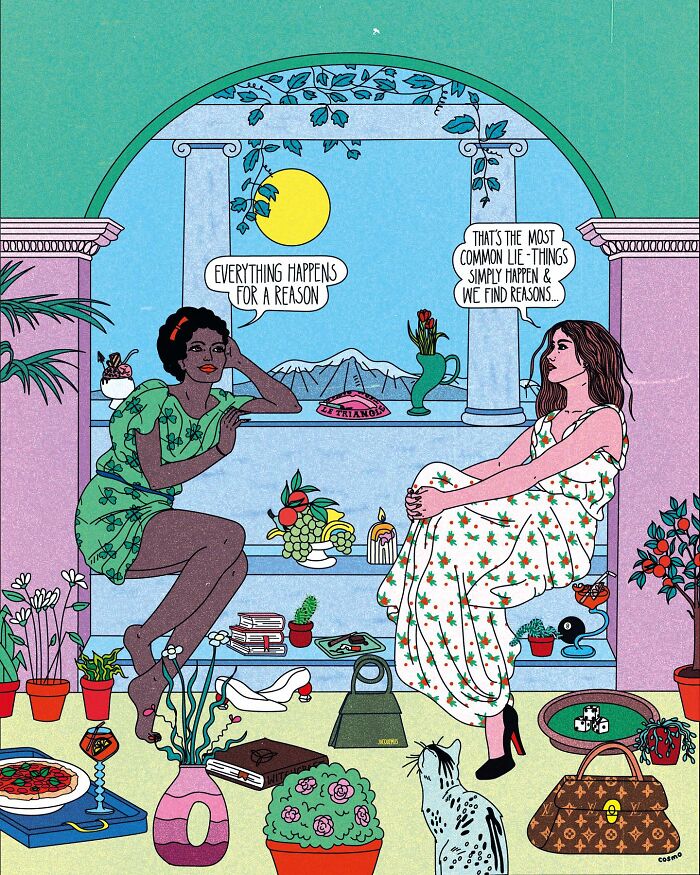 Vibrant illustration featuring two women in a colorful room, engaging in a humorous and sarcastic conversation.