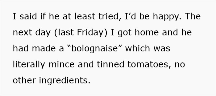 Text message about woman's frustration over her boyfriend's minimal effort in making a bolognese.