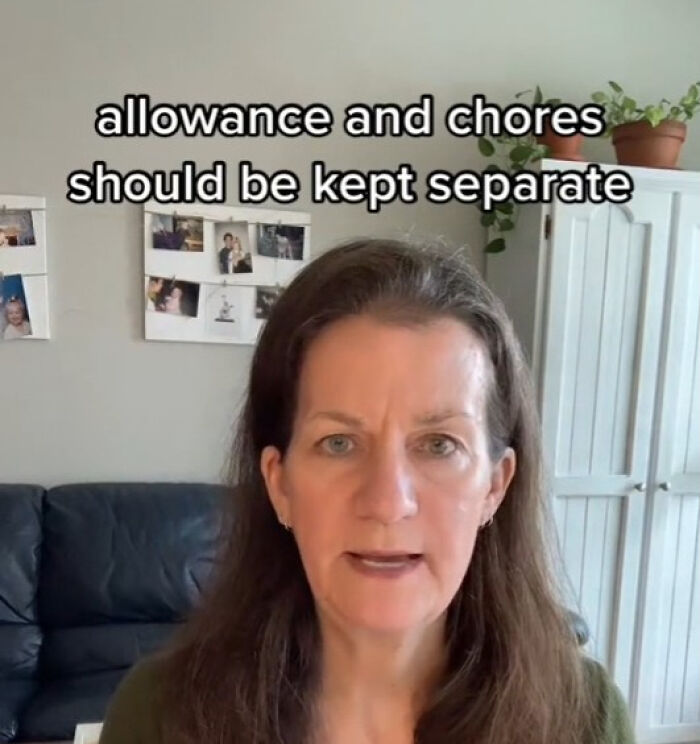 Expert discussing why parents shouldn't pay children for chores, with text about separating allowance and chores visible. Expert discussing why parents shouldn't pay children for chores, with text about separating allowance and chores visible.