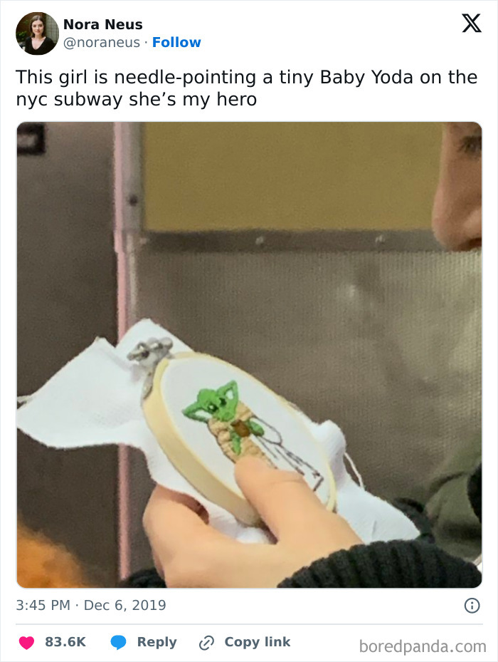 Woman needle-pointing Baby Yoda on subway, showcasing funny train passengers.