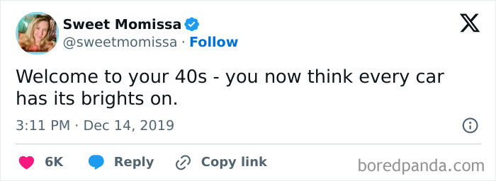 Sweet Momissa tweet about life in your 40s, humorously mentioning car headlights always seeming too bright.