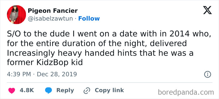 Tweet about awkward-date-moments with a humorous story involving a KidzBop reference.