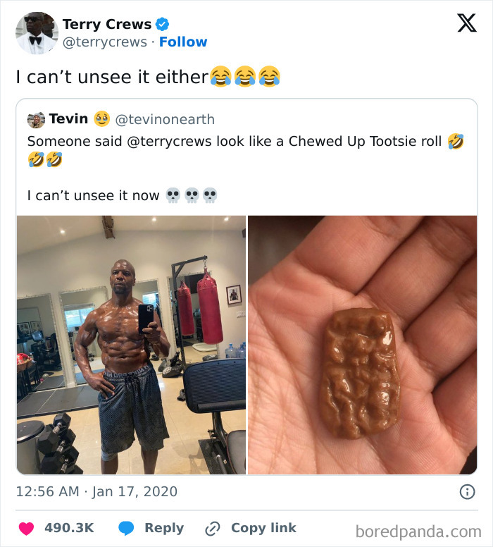 Man in a gym takes selfie next to punching bag; comparison to a candy posted with humorous intent.