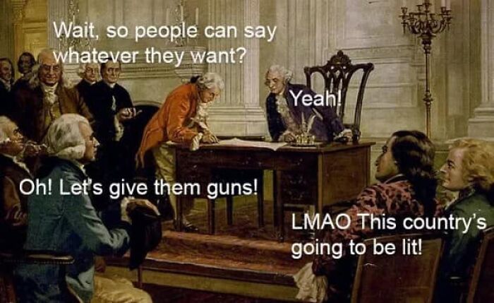 Classical art meme depicting historical figures humorously discussing free speech and gun rights.