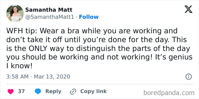 A funny tweet about working from home and bras illustrates millennial humor.