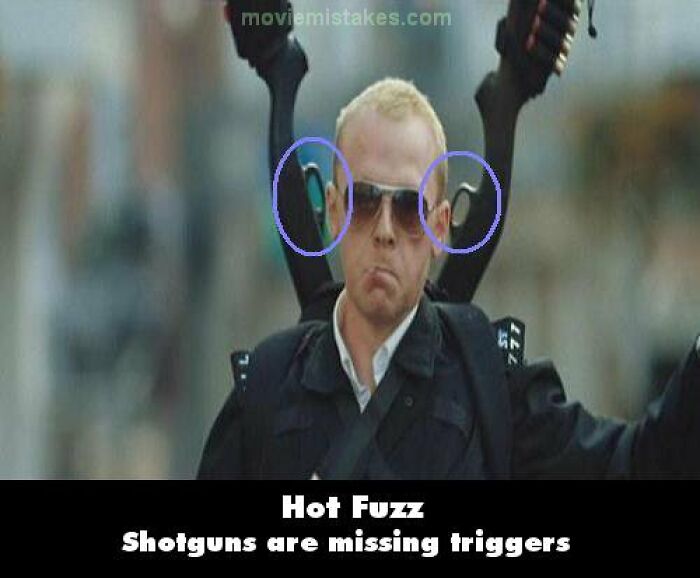 Man in sunglasses with missing triggers on shotguns, showcasing funny movie mistakes.