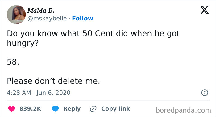 Hilarious linguistic meme about 50 Cent joke with over 839K likes.