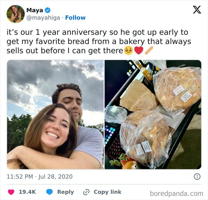 Couple enjoying an anniversary with a wholesome surprise of freshly baked bread, embodying funny-wholesome moments.