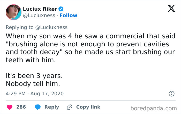 Tweet about a kid making family brush teeth together for three years.