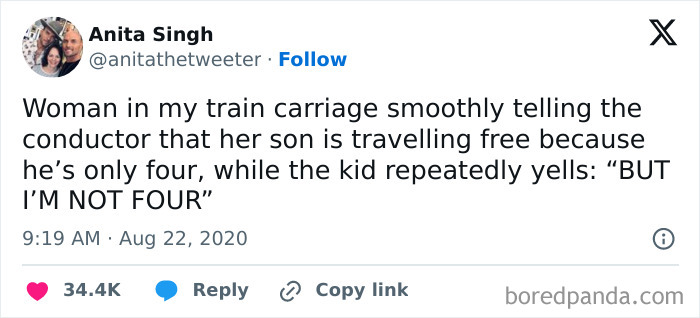 Tweet highlighting a humorous interaction with a mother and a conductor involving clueless kids on a train.