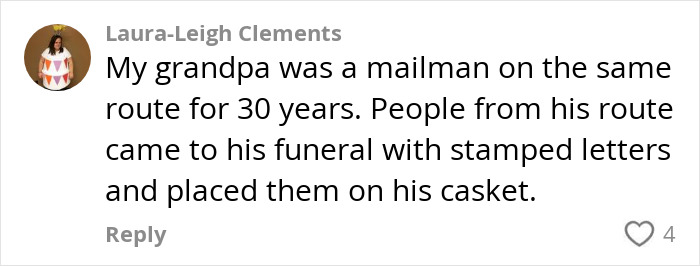 Comment about a longtime mailman and touching community tribute at his funeral. Comment about a longtime mailman and touching community tribute at his funeral.