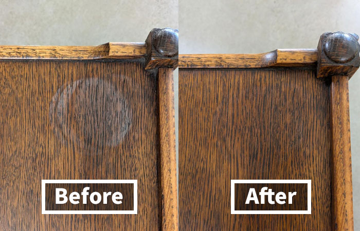 "Before and after images of a restored wooden surface using popular Panda products."