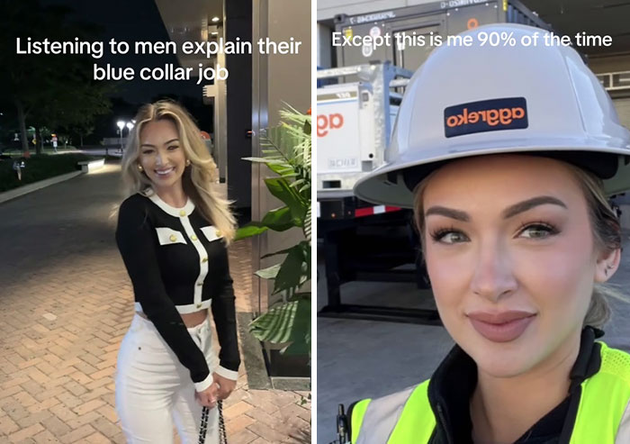 Woman humorously showcasing "Me Letting A Man Mansplain" trend on TikTok, wearing casual and work attire.
