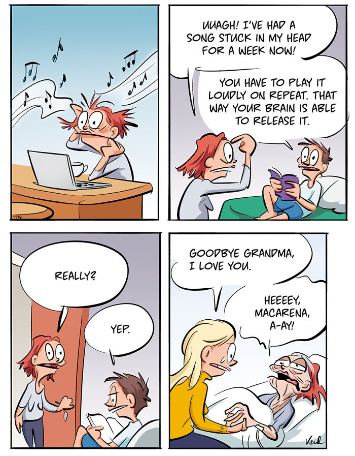 Cartoon of Kenneth and Martha comically debating Christmas tree decorations with quirky ornaments.