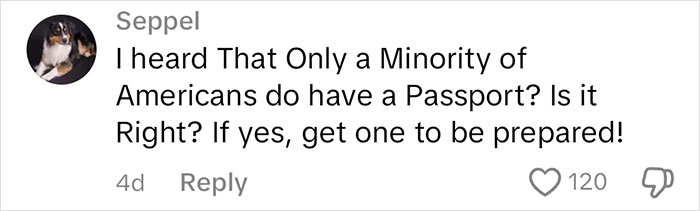 Comment about American passport ownership, raising questions on preparedness, with a heart icon showing 120 likes.