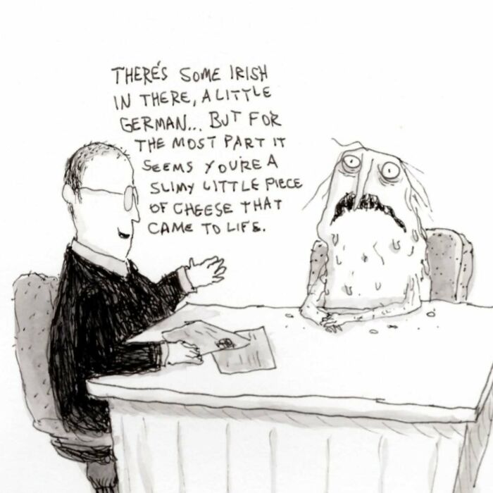 A cartoon character with glasses humorously analyzes a cheese creature, showcasing Kyle Beaudette's dark humor.