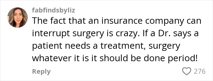 Comment on insurance interruptions during surgery, expressing frustration.