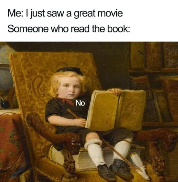Child holding a book with "No" text, humorously interpreting classical art as a meme.