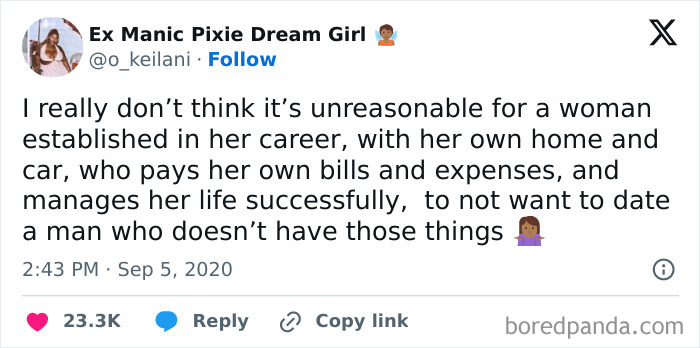 Tweet meme about dating in your 30s, discussing standards for partners with similar life achievements and stability.