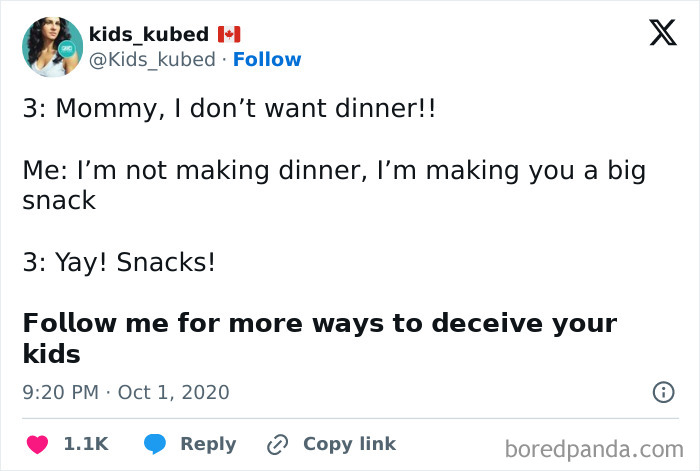 Text image of a parent tricking a child into eating dinner by calling it a big snack, humor about dumb-clueless-kids.