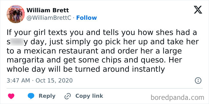 Tweet about dating advice in your 30s with a humorous suggestion to improve someone's day with Mexican food.