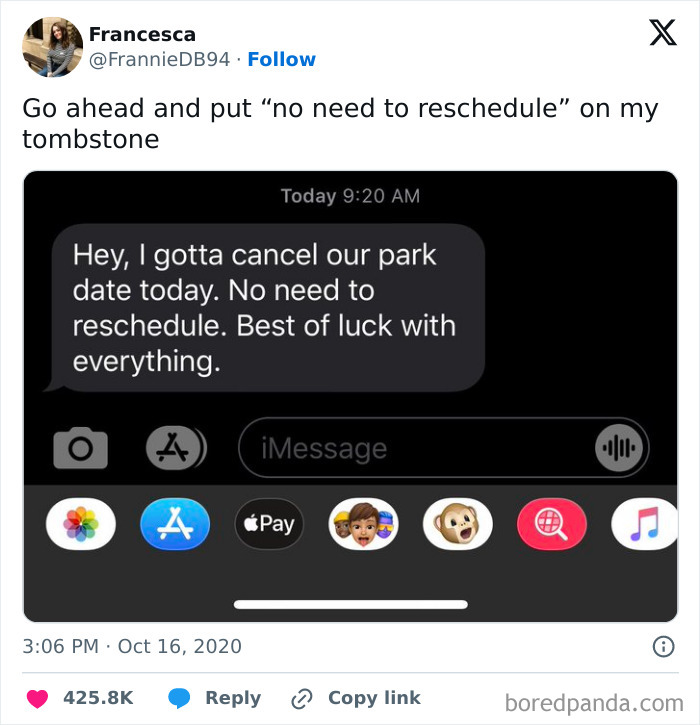 Text message showing one of those awkward date moments with a cancellation and a cheerful wish.