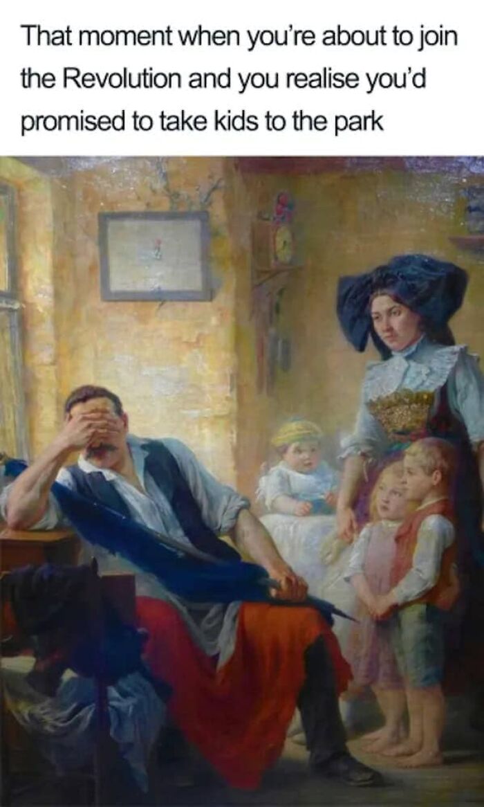 Classical art meme of a man facepalming as a woman and children look on, humorously depicting modern parenting struggles.