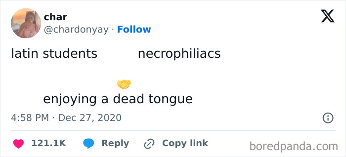 Tweet humorously comparing Latin students and necrophiliacs with a handshake emoji.