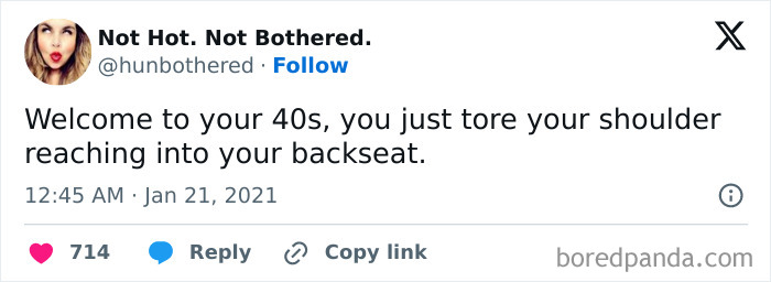 Tweet about being in your 40s humorously mentions shoulder injury while reaching into the backseat.
