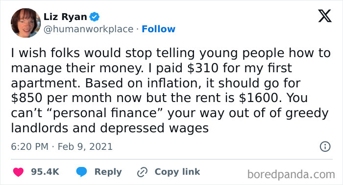 Tweet criticizing high rent prices and economic disparity, highlighting the concept of a boring dystopia.