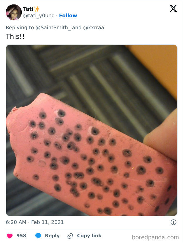 Worn pink eraser with pencil marks evokes old-school items memories.