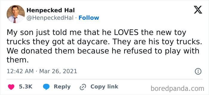Tweet about child appreciating toy trucks at daycare that were donated, showing clueless behavior.