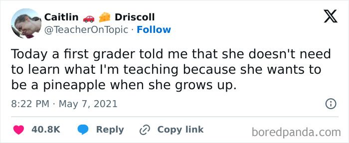 Tweet about a kid wanting to be a pineapple when grown up, highlighting clueless innocence.