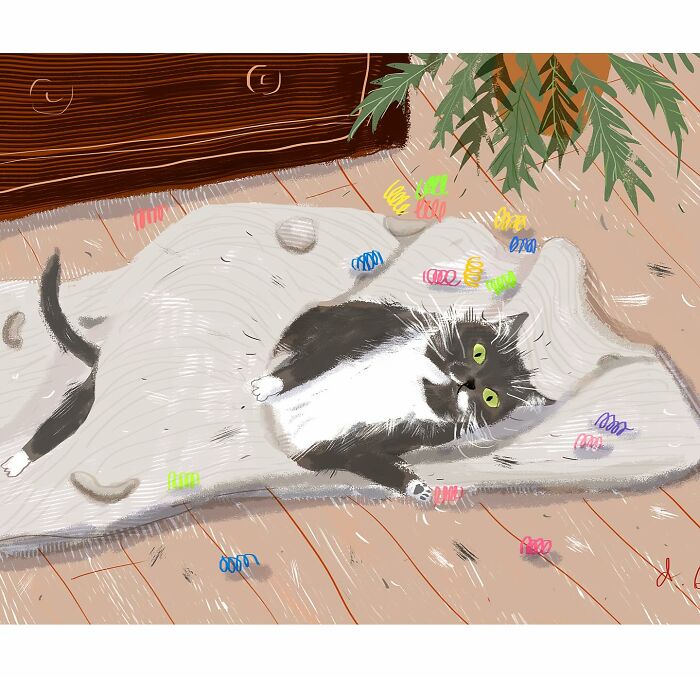 Adorable cat lounging on a rug surrounded by colorful springs, cozy art for cat lovers.