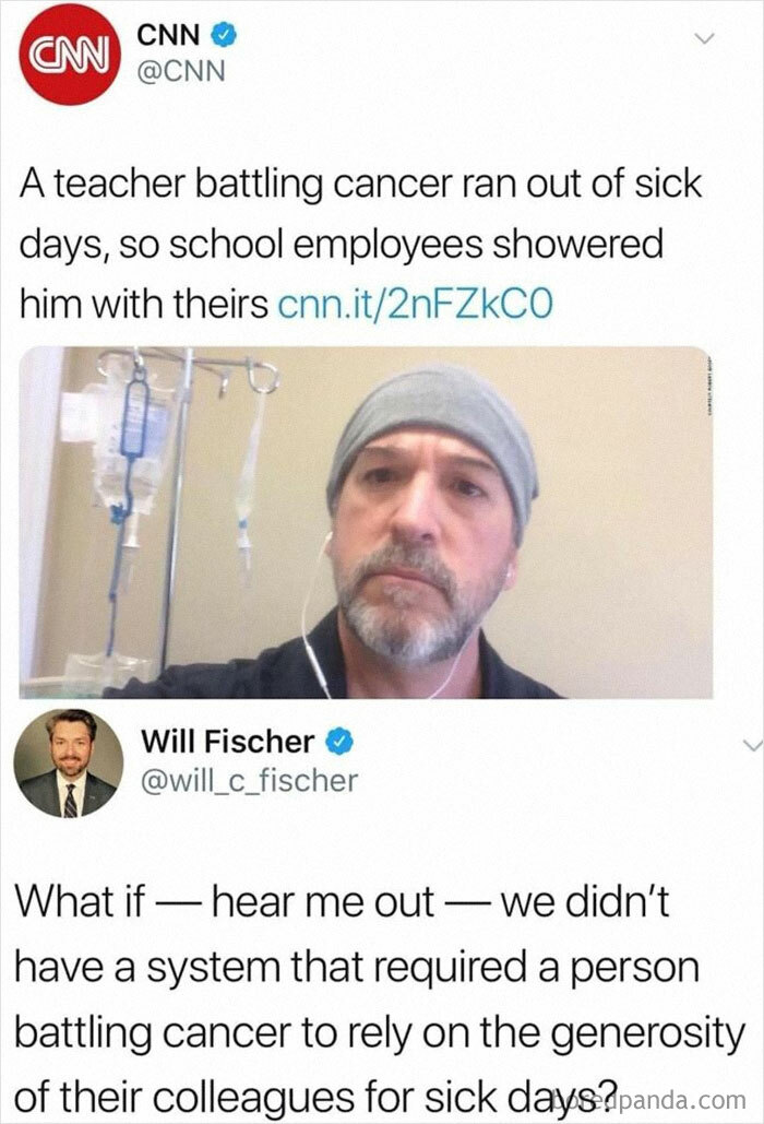 Teacher battling cancer lacks sick days, colleagues donate theirs, highlighting a boring dystopia scenario.