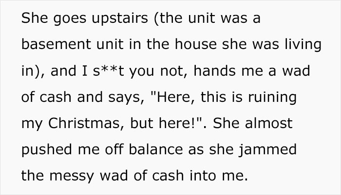 Text describing a basement unit scam, mentioning cash exchanged during a Christmas dispute. Text describing a basement unit scam, mentioning cash exchanged during a Christmas dispute.