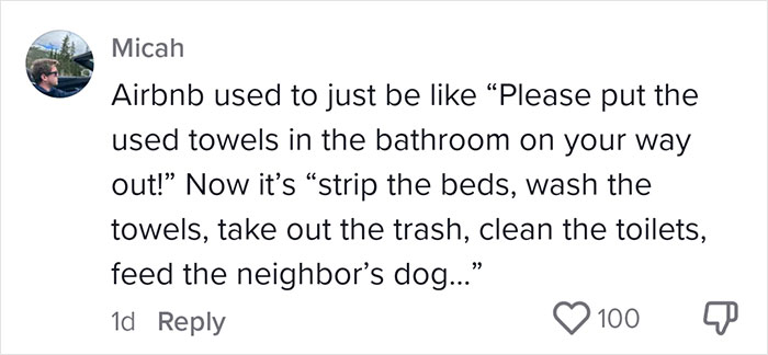 Comment about Airbnb guests' increasing responsibilities, mentioning tasks like taking out the trash and cleaning.