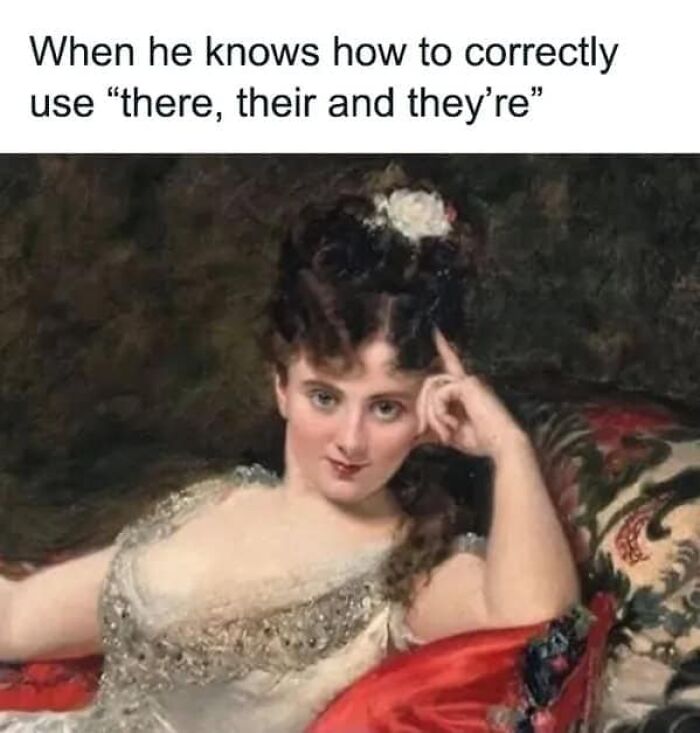 Classical art meme featuring a woman reclining with humorous text on grammar usage.