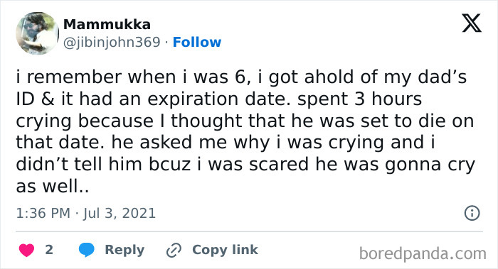 Tweet about a child's confusion over an ID expiration date, reflecting a dumb-clueless-kids moment.
