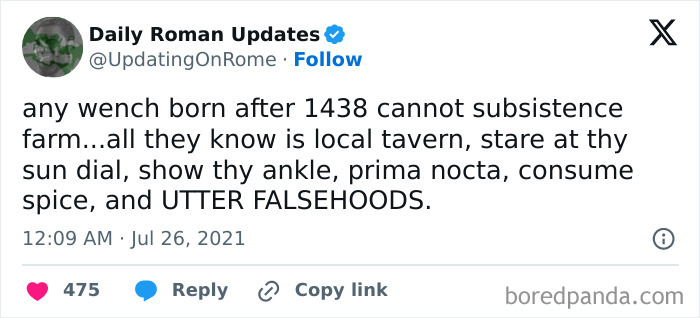 Tweet parodying medieval life with humorous tone, referencing taverns, sun dials, and falsehoods.