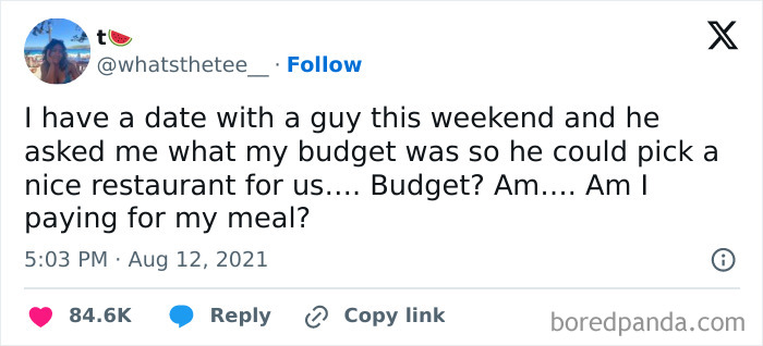 Tweet about awkward date moment, discussing budget for a restaurant.