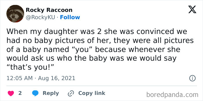 Tweet about a clueless kid misunderstanding baby photos, humorously thinking "you" is another baby.