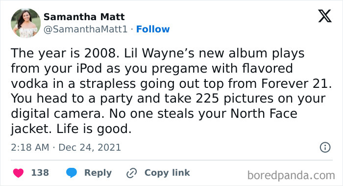 Funny post about millennials reminiscing 2008 fashion and party culture.